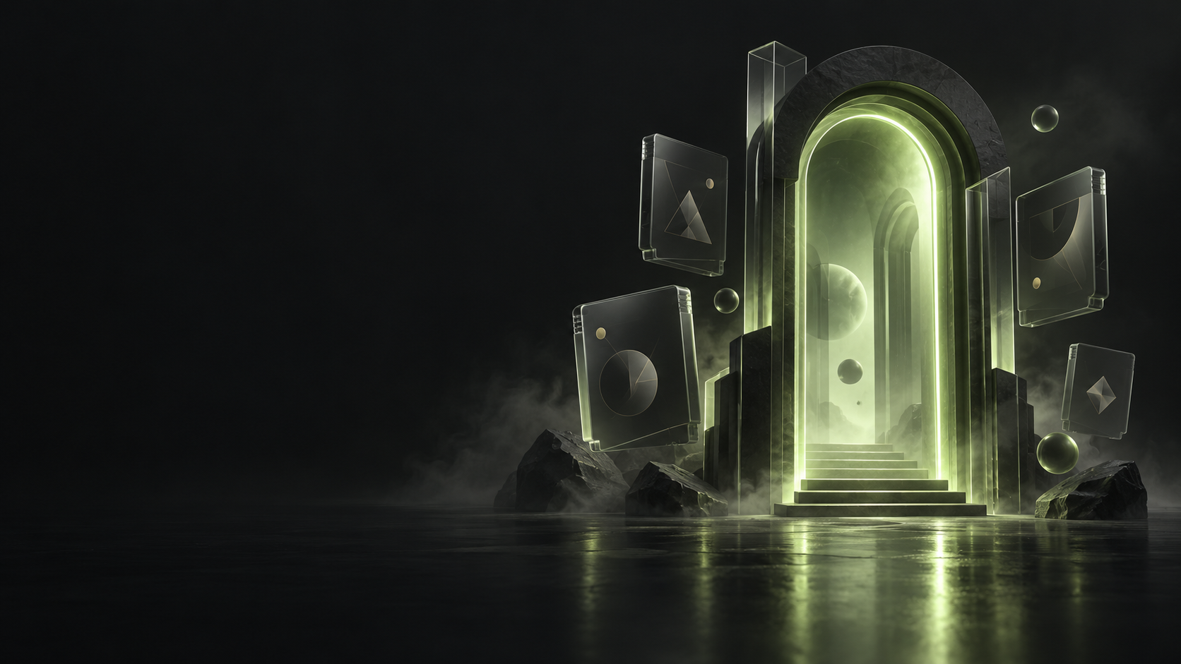 A luminous portal surrounded by floating game cartridges